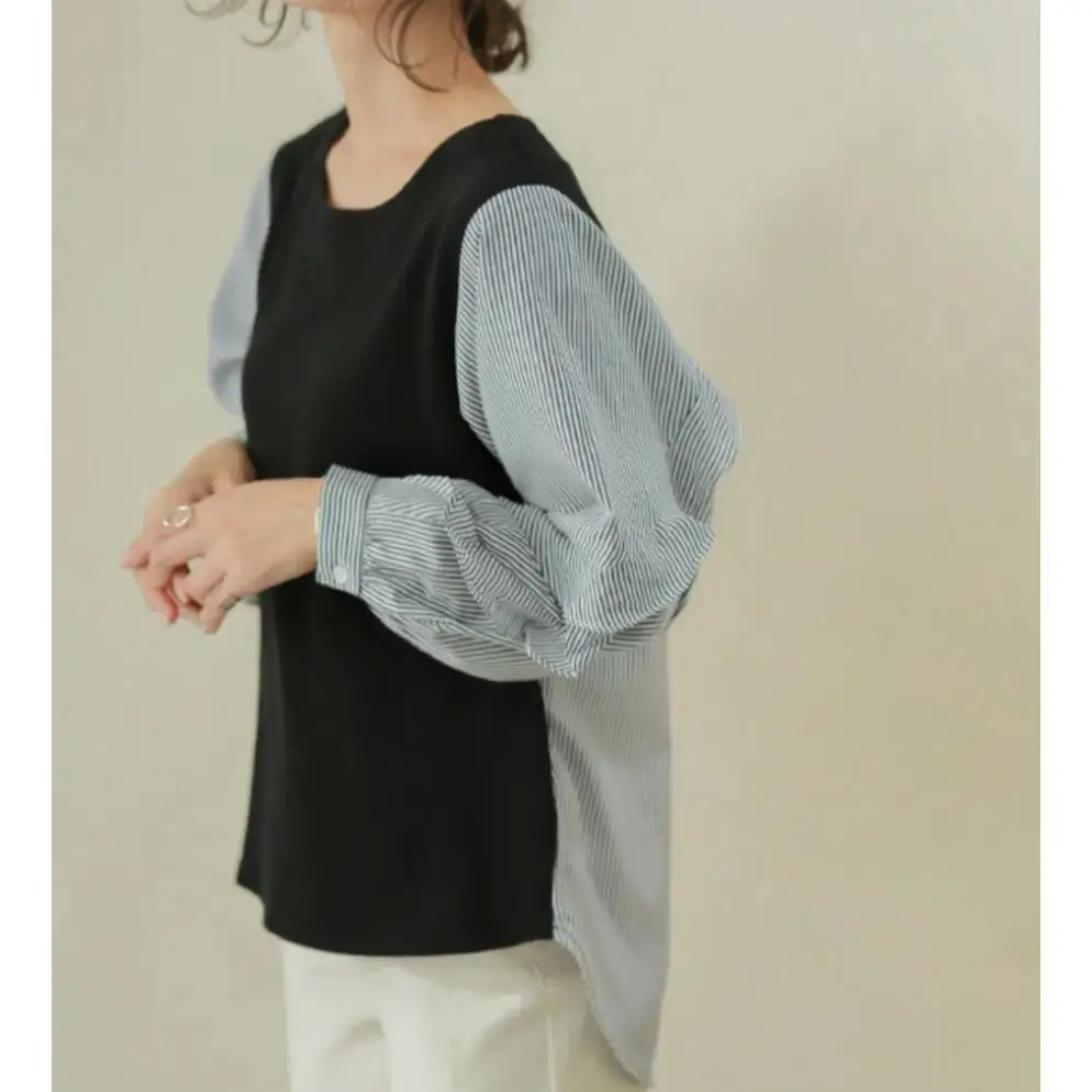 

Spliced Striped Lace Long Sve irt Temperament round Ne Cotton 00% Women's Faion Spring Collection Casual Wear