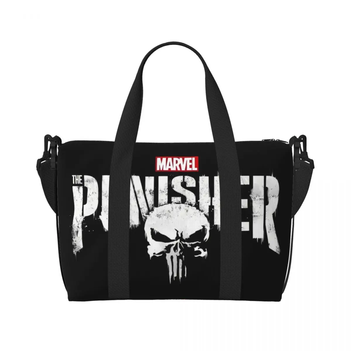 

Custom Punisher Trendy Superhero Beach Tote Bag for Women Extra Large Gym Carry On Comics Travel Shopping Bags