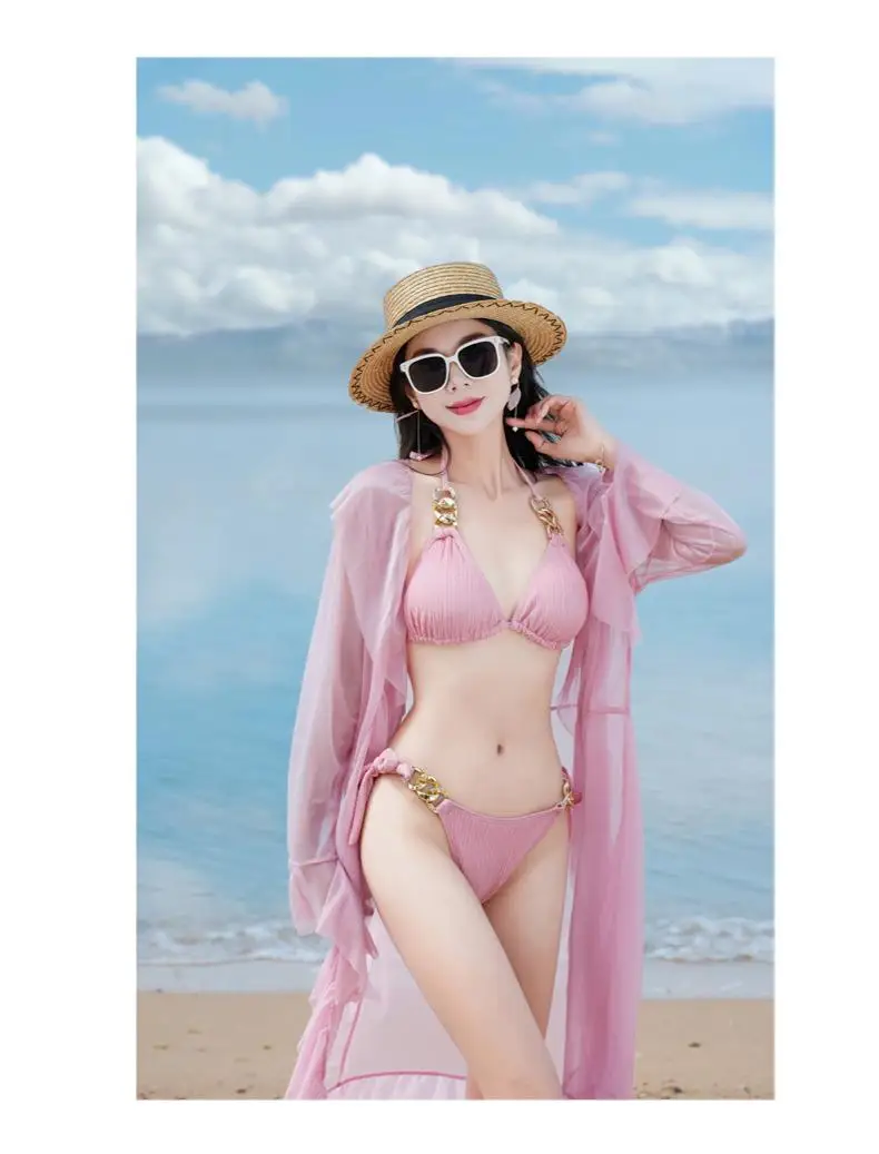 韓国ファッションビキニスプリット水着女性用3点セット長袖カバーアップバケーションビーチ衣装セクシーな女性美しい白