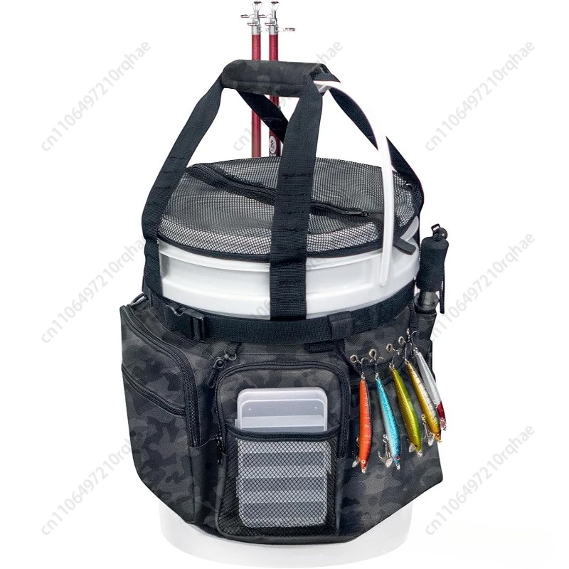 

Fishing Gear Bucket with Rod & Pliers Mount - Hands-Free Tackle Bag, Multi-Compartment Storage for Bank & Boat Fishing
