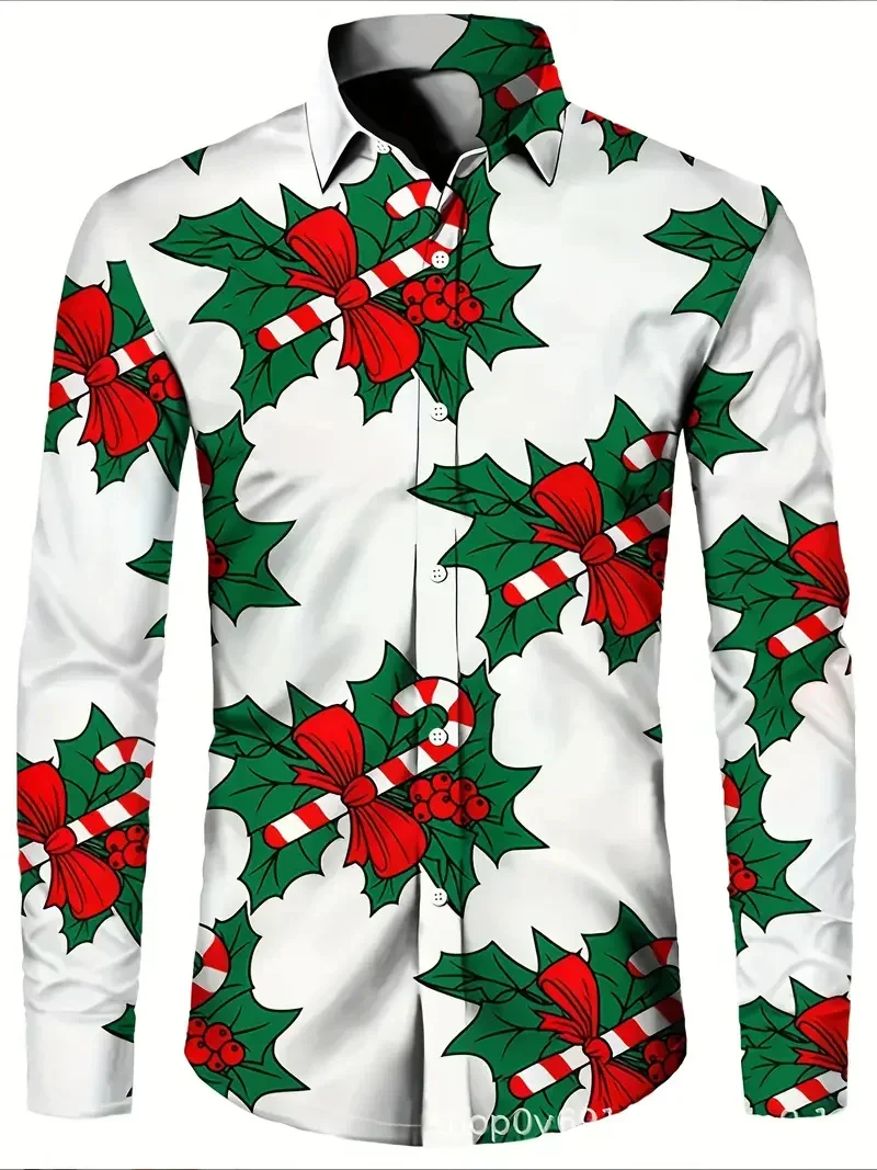 

2026 Men's Christmas Snowflake Bell 3D Tree Printed Formal Shirt Santa Claus Elk Pattern Long Sleeve Shirt Fashion Men's Shirt