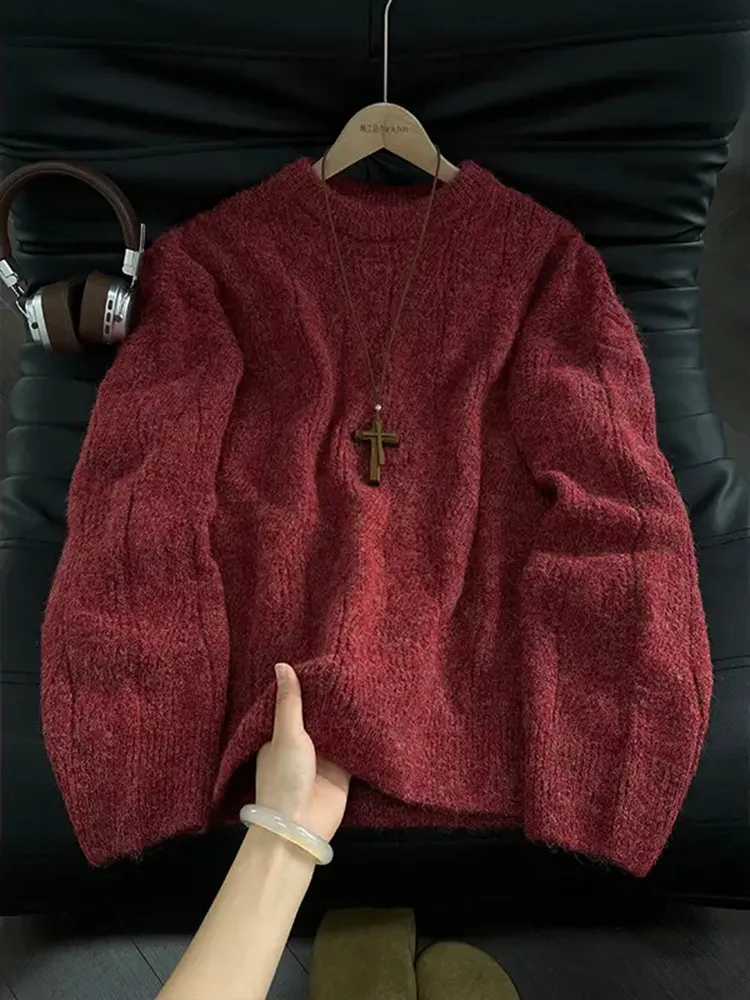 

Red Thiened Knitted round Ne Sweater Men's Lazy Aosphere Thi Inner Match Year of Birth Sweater Base irt