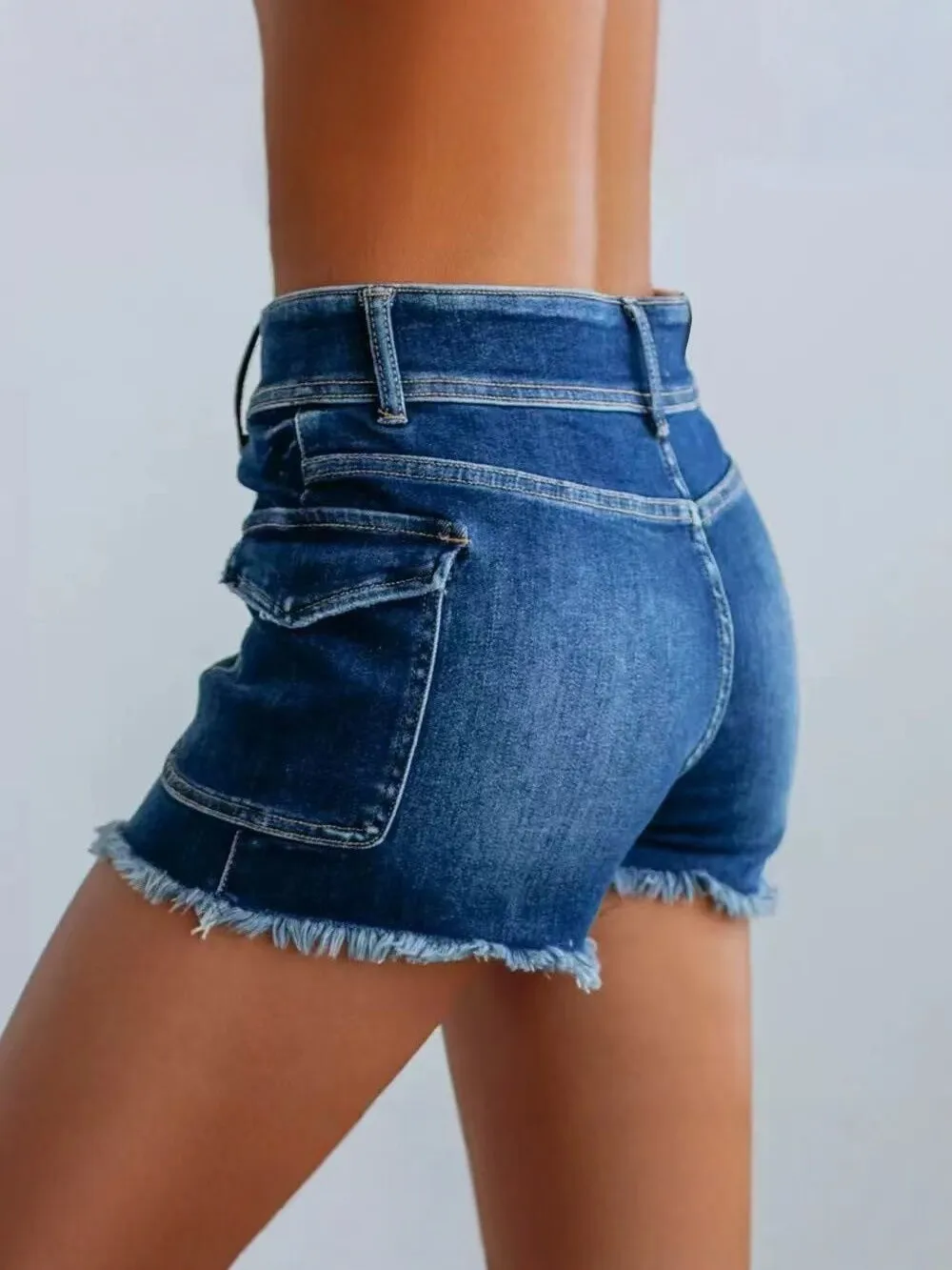 Women's Summer Casual Shorts High Waist Frayed Hem Denim Shorts Medium Wash Blue Cargo Pockets Jean Shorts Button Front Short