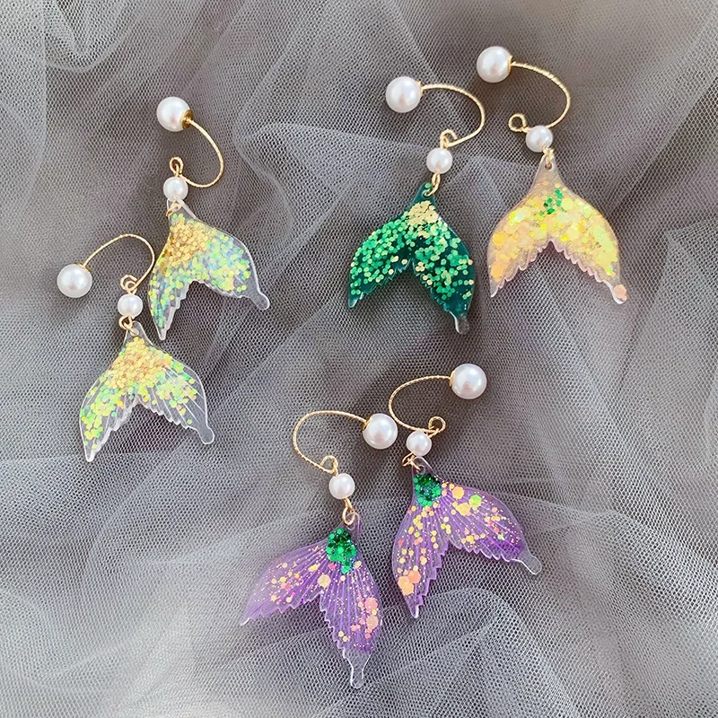 2024 Summer Korean Glitter Gradient Mermaid Earrings Fairy Pearl Rainbow Resin Statement Drop Dangle Earring for Women Jewelry