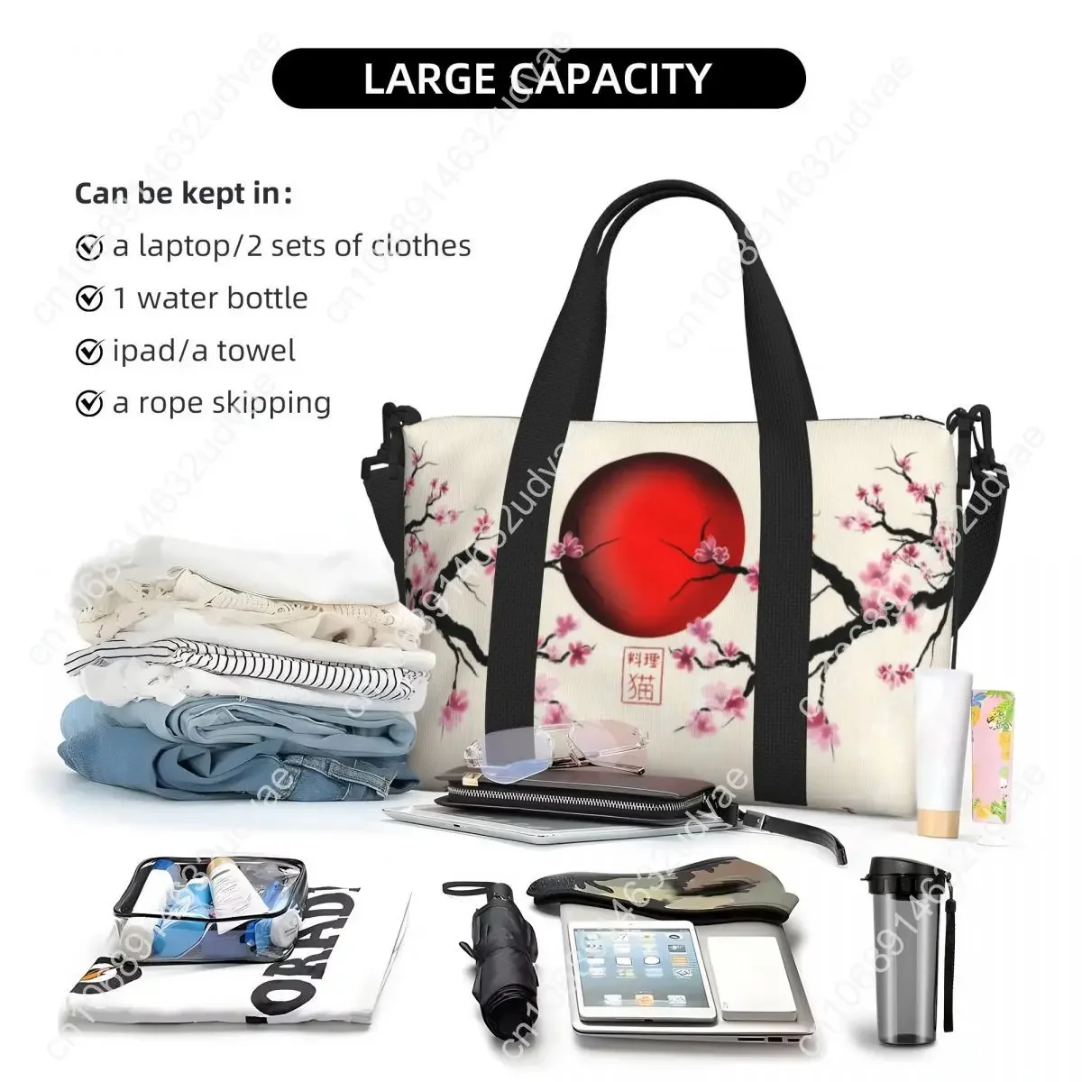 Tas Tote Wanita Motif Bunga Sakura Jepang Kustom Dengan Gambar Matahari Merah Terbit, Kapasitas Besar, Tas Bahu Untuk Gym, Pantai, dan Perjalanan