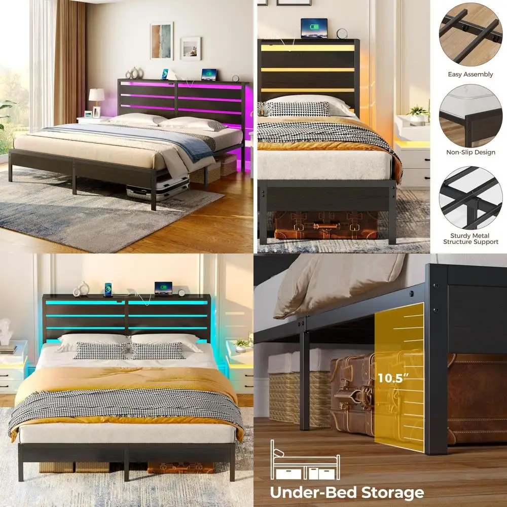 

Кровать размера King Size с USB-портами, LED-подсветкой, деревянным хранилищем для вещей, металлическим каркасом, местом для хранения под кроватью, без пружинного блока, бесшумная конструкция