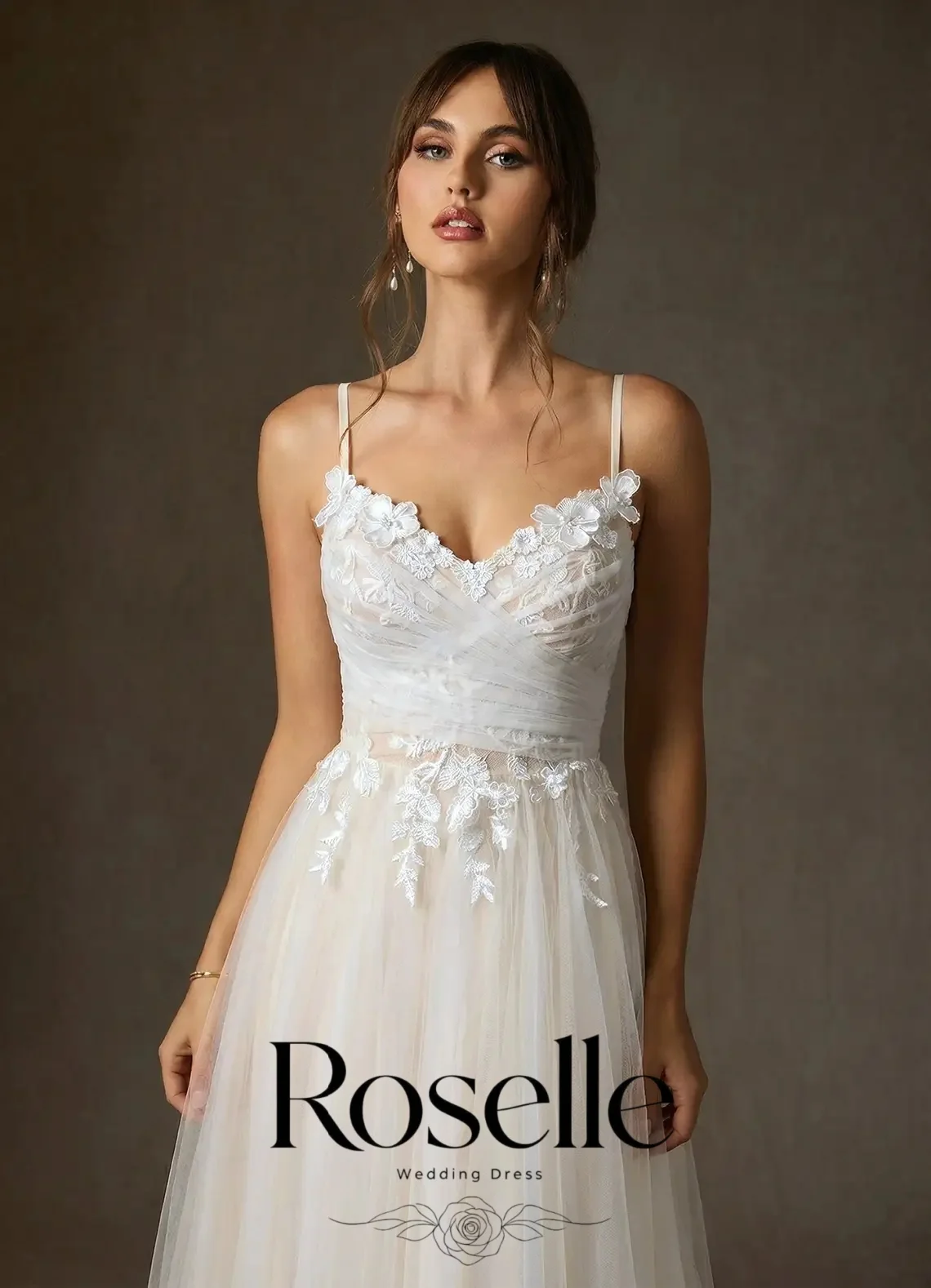 ROSELLE Elegant Spaghetti Strap V-Neck Mid-Calf A-Line Wedding Dress Flower Open Back Bow Tulle 2026 Customized Vestido De Novia