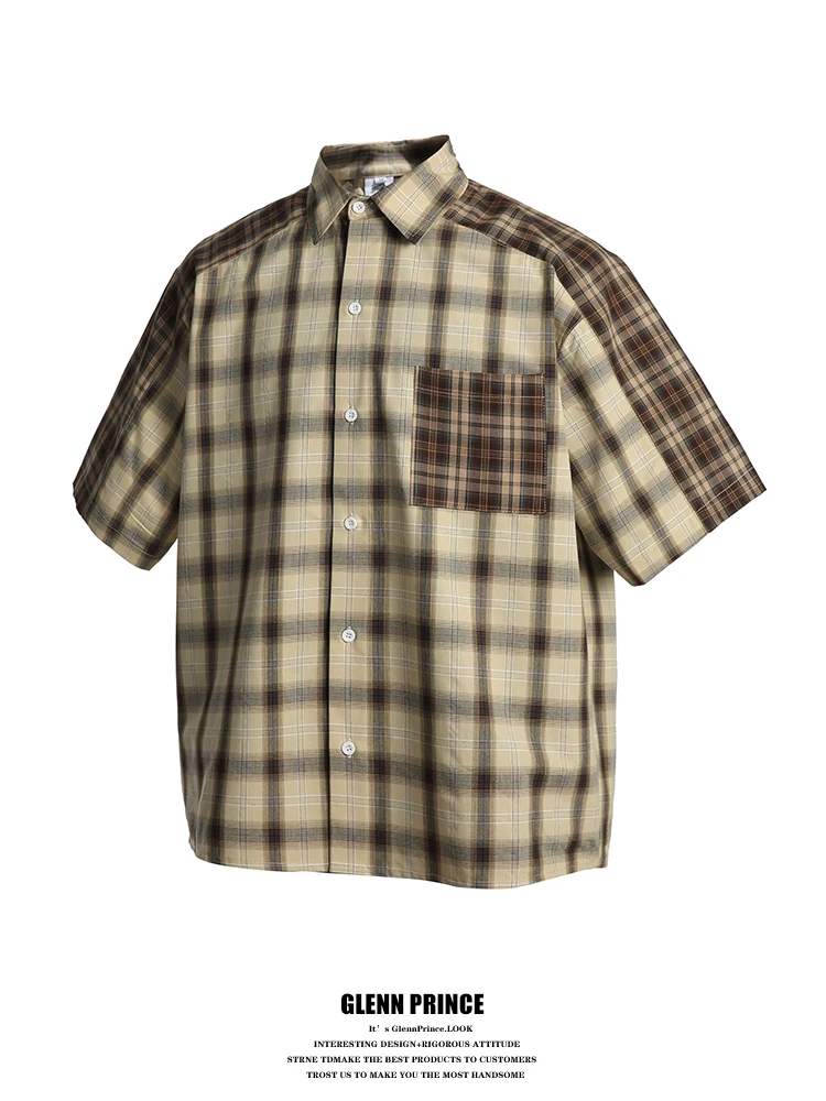 

GPstudio Japanese Style Retro Color Block Plaid Short Sleeve Casual Shirt Men's Summer Loose Fit Half Sleeve Cotton Shirt