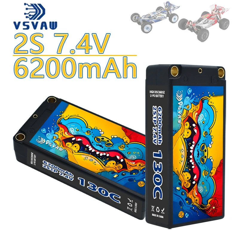 Upgraded VSVAW 2S RC Lipo Battery 7.4V 6200mAh 130C Compatible with 1/10 Drift Car Remote Control Car Hard Shell Battery