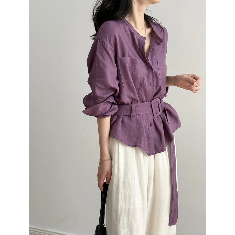 Kalsooni Camisa de lino para mujer de manga larga con cinturón Blusa elegante con botones de verano Top tipo túnica informal de oficina elegante y relajado