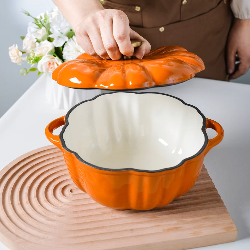 

Pumpkin Enamel Cast Iron Pot Multifunctional Soup Stew Casserole Induction Cooker Compatible Oven Durable Home Kitchen Cookware