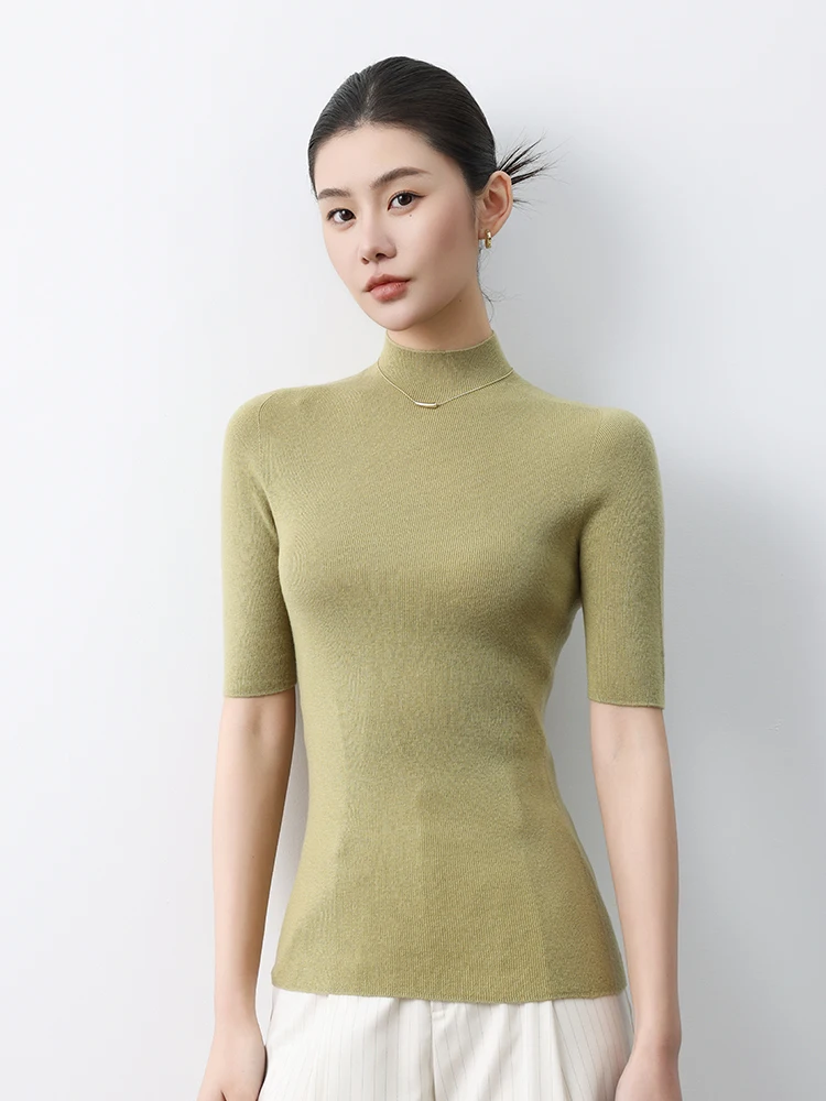 CHICUU Spring New Women Slim Pullover Elastic 100% Merino Wool Sweater Mock Neck Half Sleeve Worsted Wool Knit Breathable Tops