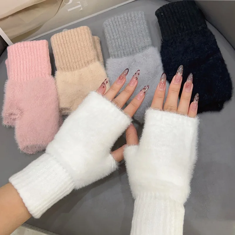 Guantes sin dedos de lana de visón para mujer y niña, guantes cálidos de felpa de medio dedo, guantes suaves y cómodos para exteriores, accesorio de moda