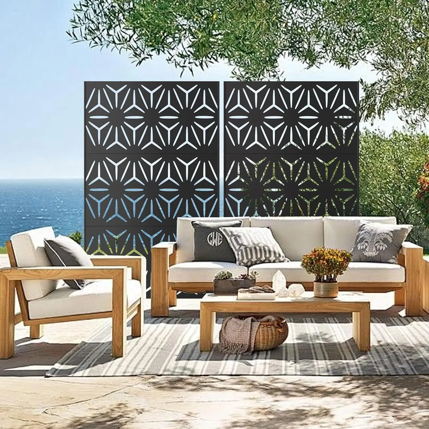72" Metal Privacy Screen, Outdoor Freestanding Privacy Panel for Patio, Backyard, Balcony, Deck, Anti Tipping Kit, Weather Resistant Steel, Easy DIY Assembly, Modern Geometric, Black view 4