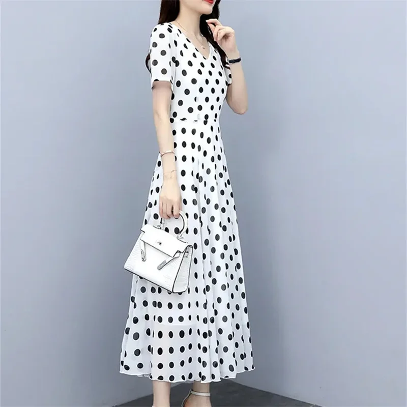 여성용 우아한 시폰 맥시 원피스, 웨이브 포인트 롱 미디 바디콘, 캐주얼 비치 무도회 로브, 2024 여름 드레스