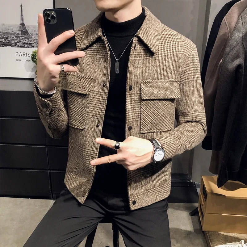 

2024 Autumn/Winter Men Polo Neck Woolen Jacket Fashion Slim Fit Suit Coat High Quality Multi Pocket Korean Casual Jacket Z34