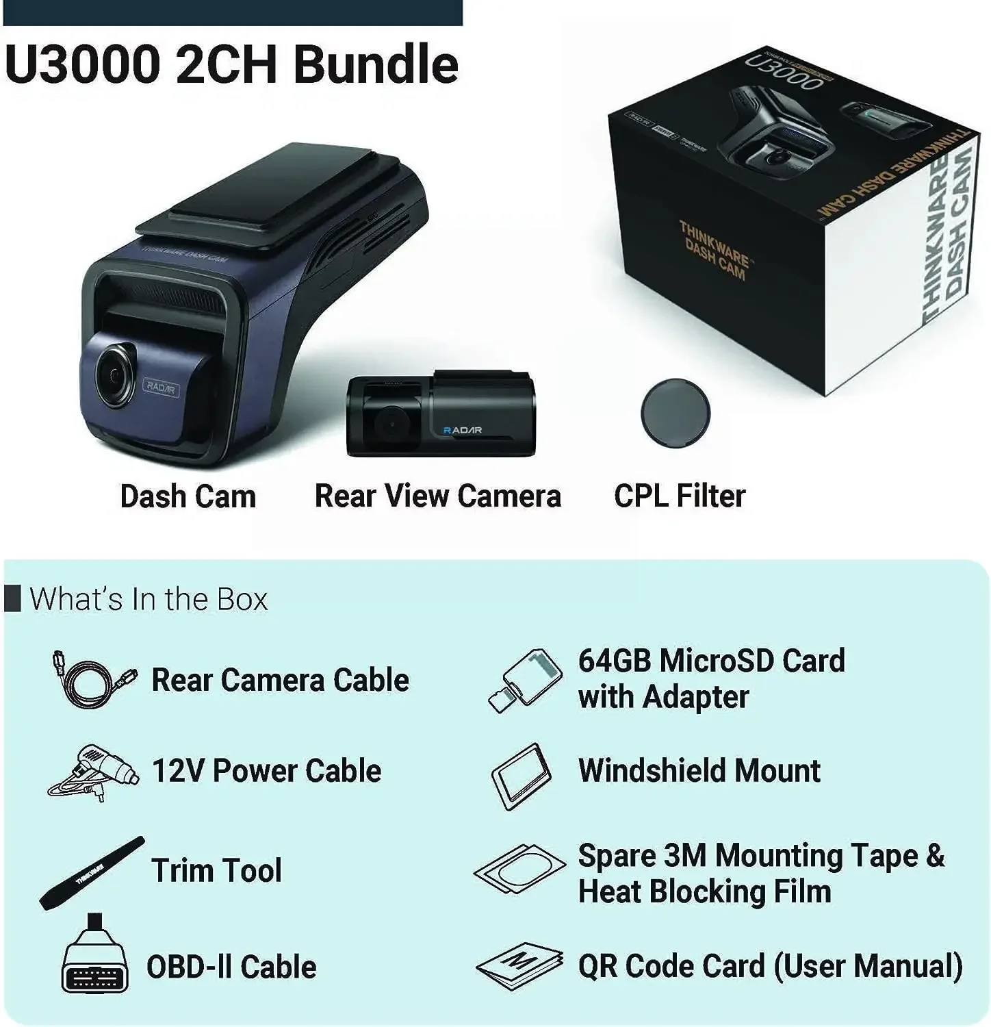 THINKWARE U3000 2CH 4K Front Dash Cam, 2K Rear Cam, STARVIS 2 Sensor Super Night Vision, Car Camera 5GHZ Wi-Fi GPS Radar