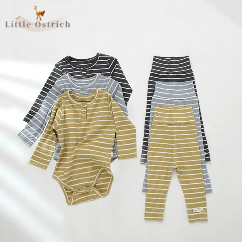 

Newborn Baby Girl Boy Cotton Ribbed Clothes Set Romper+Pant Child Clothing Suit Long Sleeve Striped Pullover Baby Clothes 3-18M