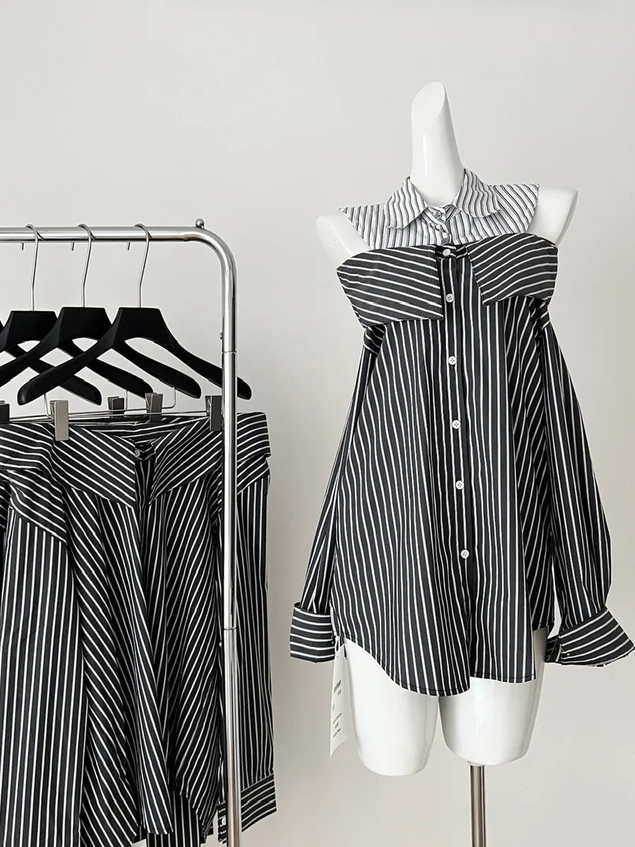 Casual Koreaanse Sle Loose Fit oulder Bared irt Dames verwijderbare patchwork verticale strepen Tweerichtingskleding Katoenmix