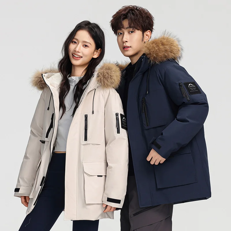 Męska i damska zimowa ciepła kurtka puchowa z kapturem i futrzanym kołnierzem, styl górski outdoorowy, pogrubiona sportowa parka codzienna.