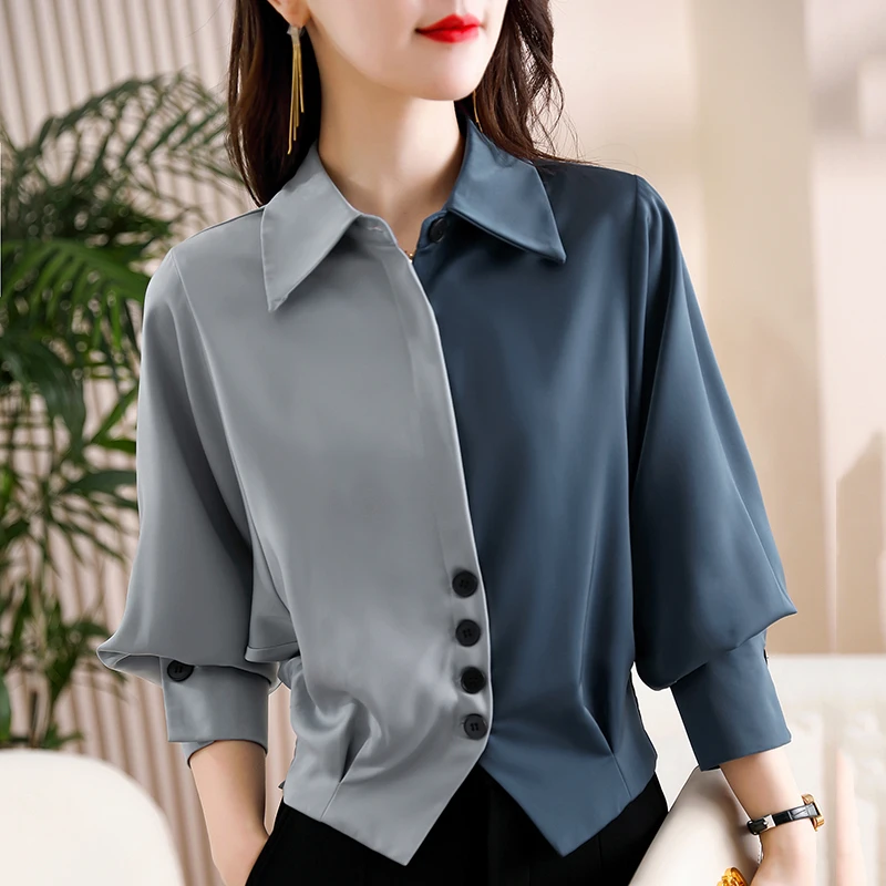 High Quality 2023 Womens Tops Blouses Vintage Long Sleeve Women Shirts Color Contrast Blouse Tops Blusas Mujer De Moda