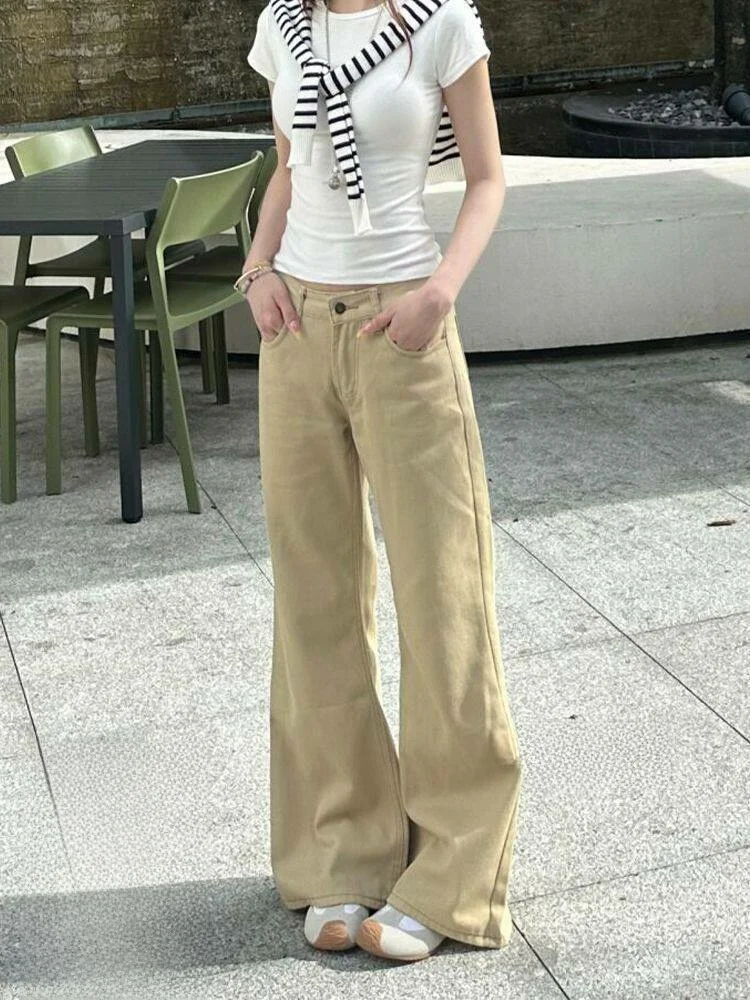 

Retro Style Khaki High Waist Wide Leg Jeans Women's Summer Thin Straight Cut Jeans High Street Fashion Ladies' Denim Pants