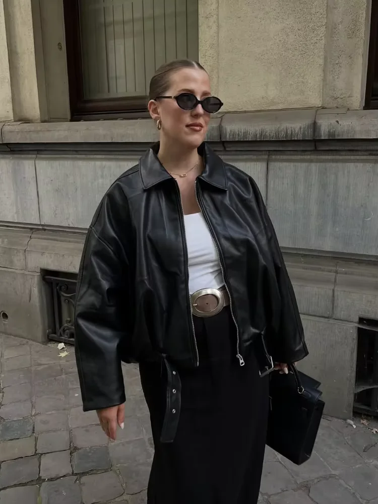 

Женское кожаное пальто с однотонным поясом, шикарное свободное пальто с длинными рукавами и лацканами на молнии, женская осенняя новая модная повседневная куртка Highstreet