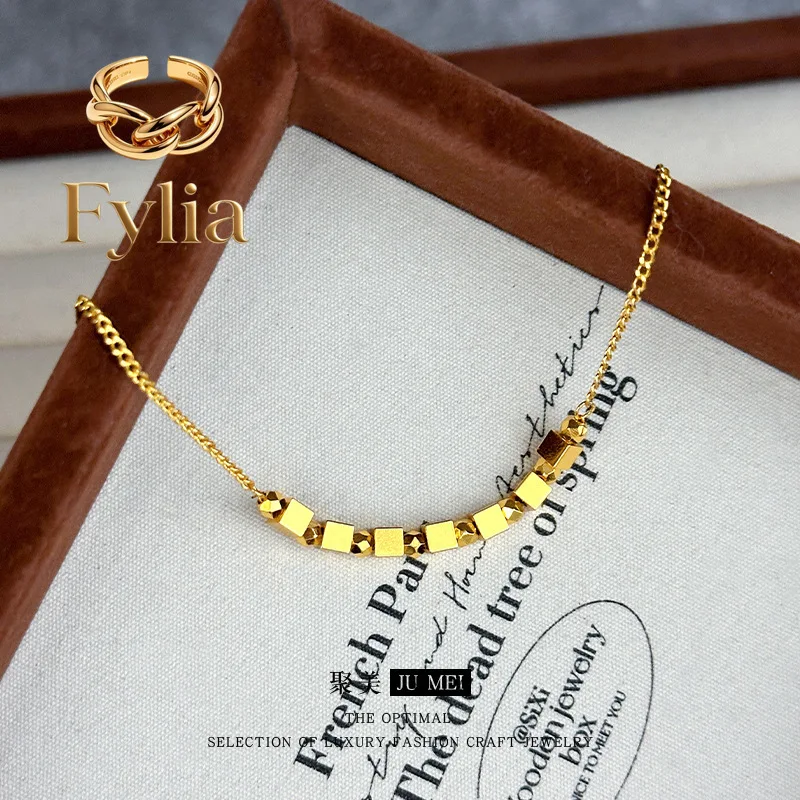 Fylia Jewelry   New clavicle chain 24K flashing small square necklace 9999 Real gold women's ins cold and simple light luxury de