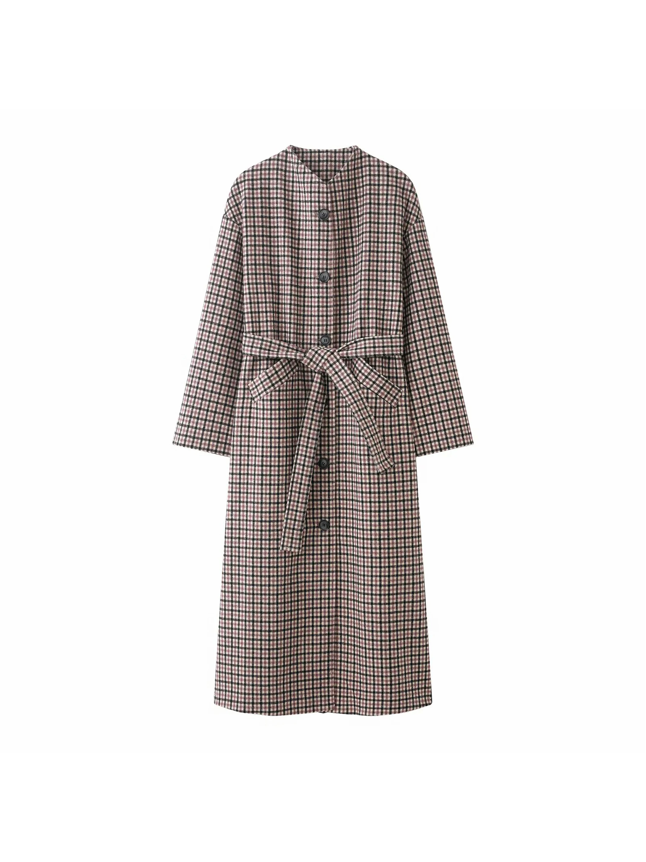 

Women New Plaid Woolen Coat Women Loose Belt Stand Full Sleeve Pocket Long Jacket Autumn Winter Chic Streetwear Lady Outwear