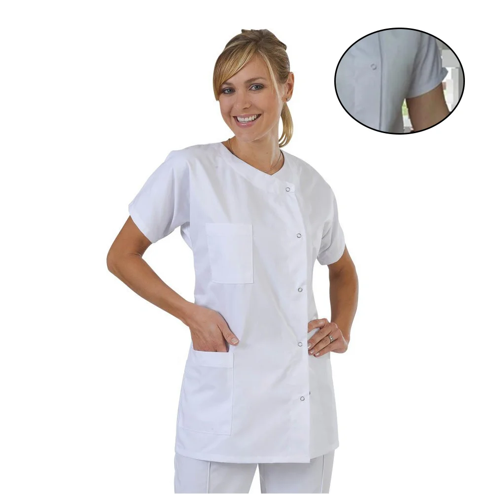 Abbigliamento da medico bianco a maniche corte Tuta da lavoro da infermiera Comoda camicia in cotone acrilico traspirante Taglia L Cosplay medica
