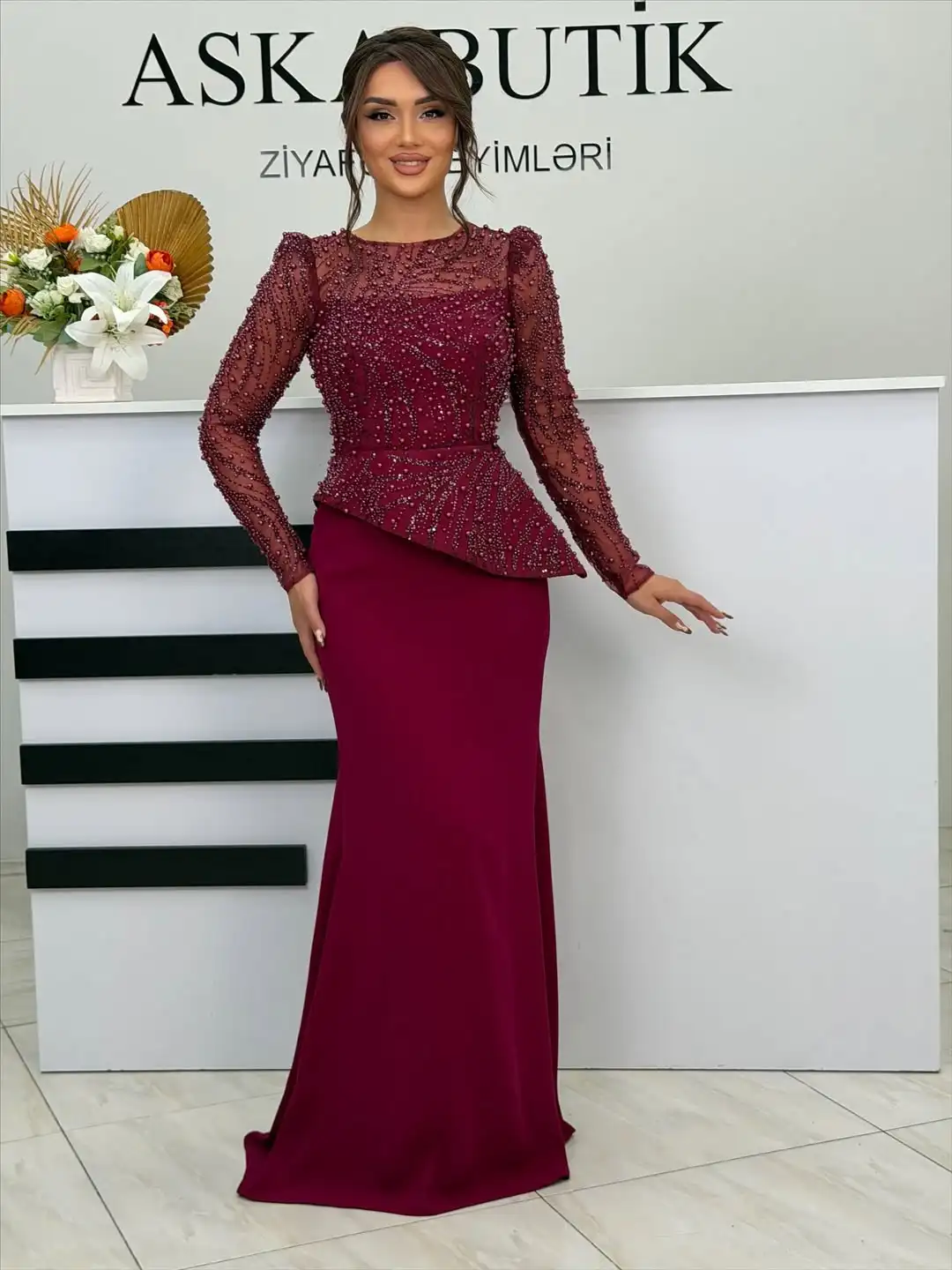 

New Design Elegant O Neck Pearls Beading Illusion Full Sleeves Fashion Luxury Mermaid Evening Prom Formal Party Dress