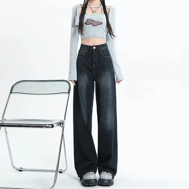 Loose-Fit High-Waisted Straight-Leg Denim Jeans Black Grey Autumn Style American Style Wide-Leg Dragging Pants From China