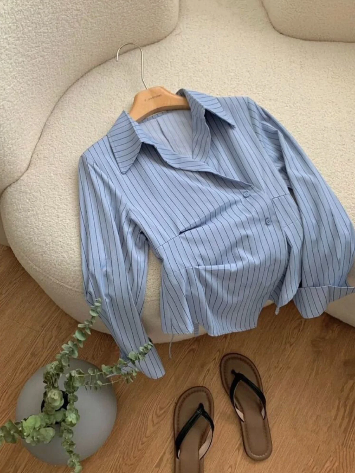 Plus Size Design Sense Asymmetrische taille Afslanken Gestreept Dames irt Lange Sve-kraag Faionable Nieuw 2024
