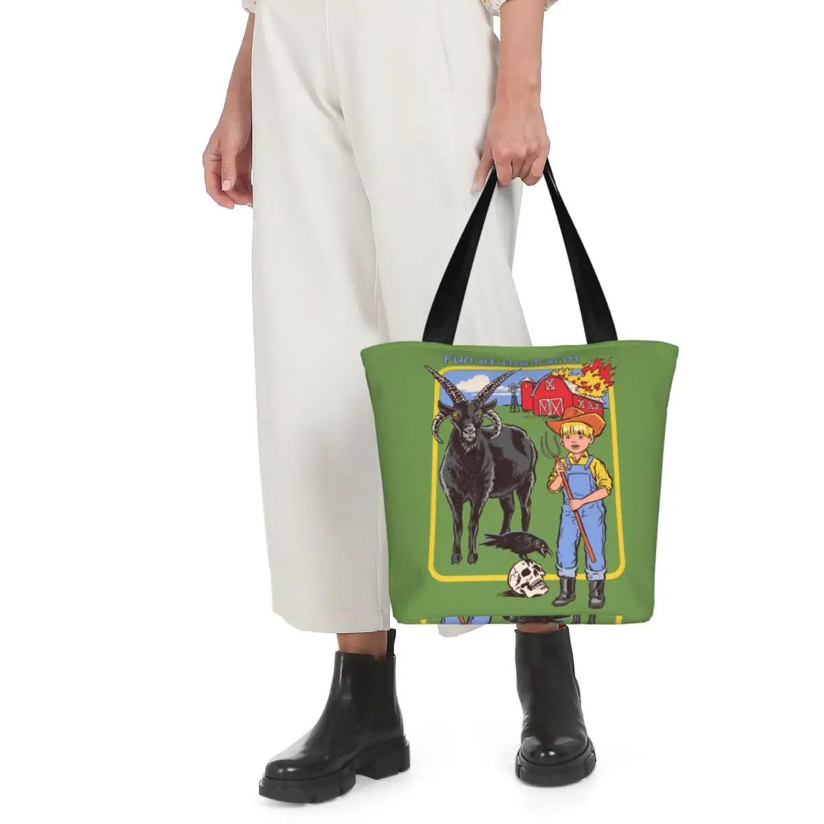 Baphomet Demonic Goat Fun At The Farm Shoulder Bag Reusable Large Merch For Female Trend Dark Occult Arts Tote Bag