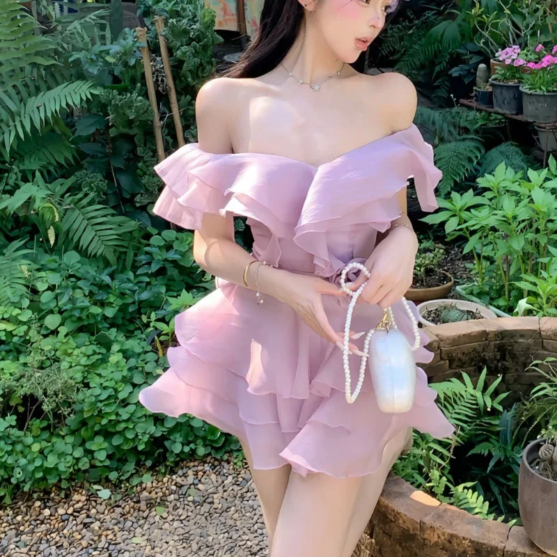 

Casual Y2k Fashion Bow Designer Dress 2025 NewLace Solid Sweet Party Mini Dress Female Summer Pink Chiffon Kawaii Dress Women