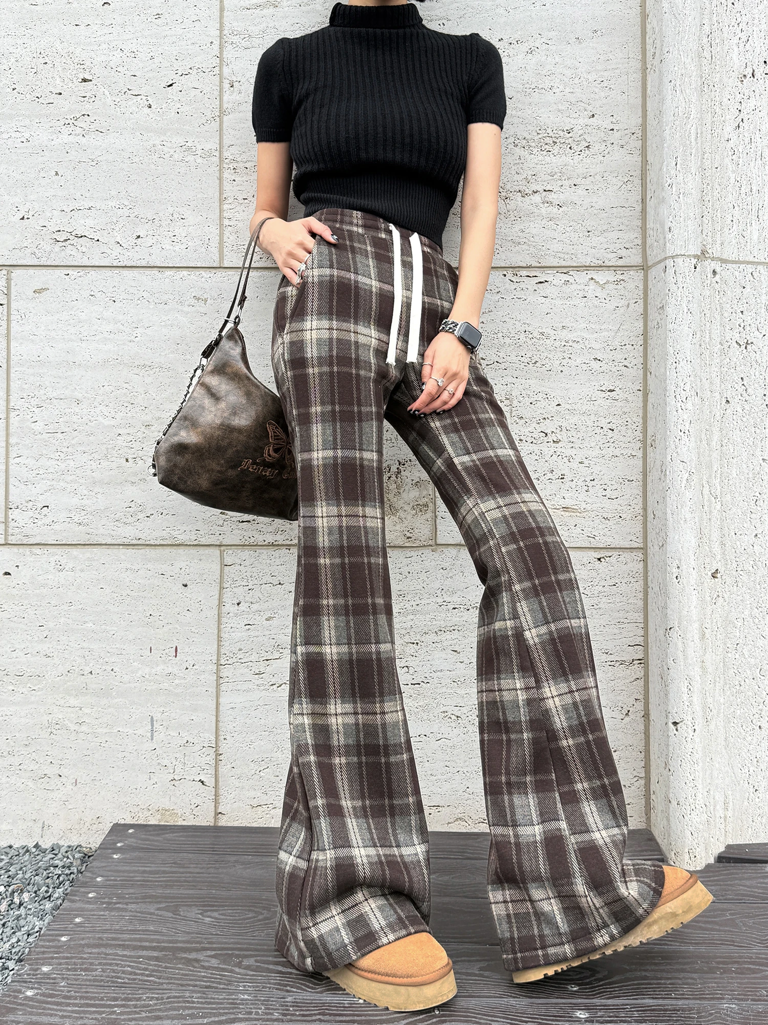 

High Waist Flared Pants Thiened Fce Woolen Plaid Casual Vintage Trousers for Taller Women Autumn Winter Ladies Pants