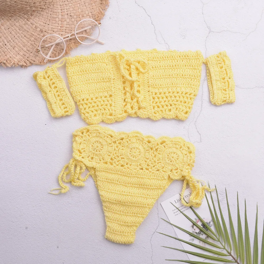 

Beach Vacation Fashionable Hand-knitted Crochet Pure Cotton Children's Outdoor Swimming Suit Set in Separate Pieces