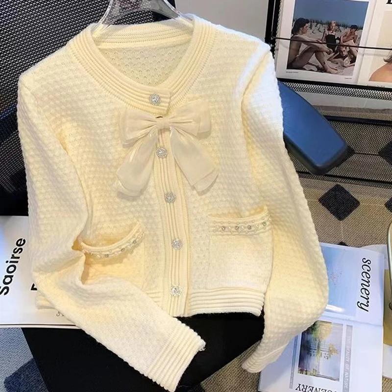 

Sweet Bow Knit Cardigan Women Small Fragrance Fashion Elegant Pearls Button Sweater Long Sleeve Office Lady Fall Winter New Tops