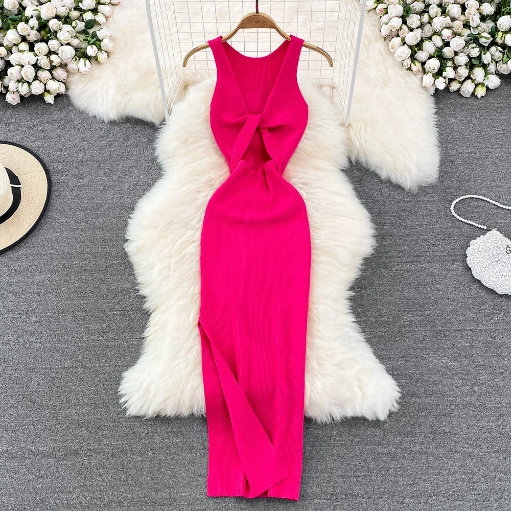 Ärmelloses Hohl Split Wrap Kleid Midi Sexy Mode Elastische Enge Party Elegante Vestidos Chic Strand Urlaub Sommer Frauen Kleid
