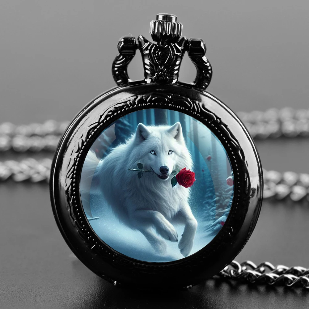 Cool White Wolf Rose Design Vintage Quartz Pocket Watch Men Women Pendant Necklace Chain Kids Clock Watch Jewelry Gifts