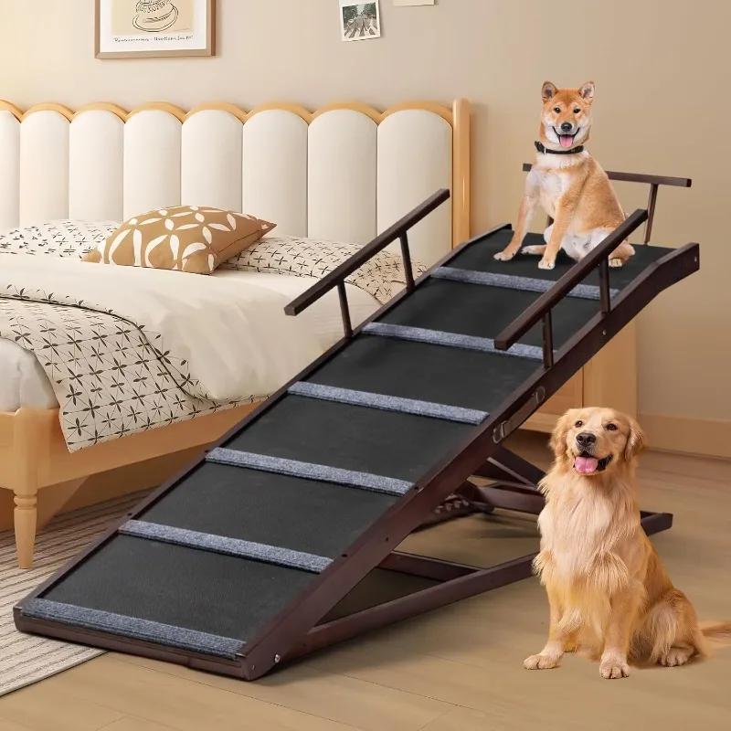 

65 inches Dog Ramp for High Bed Couch Sofa, 6 Adjustable from 18"-33",Folding Portable Dog Stairs Steps for Old Pet (Dark Brown)