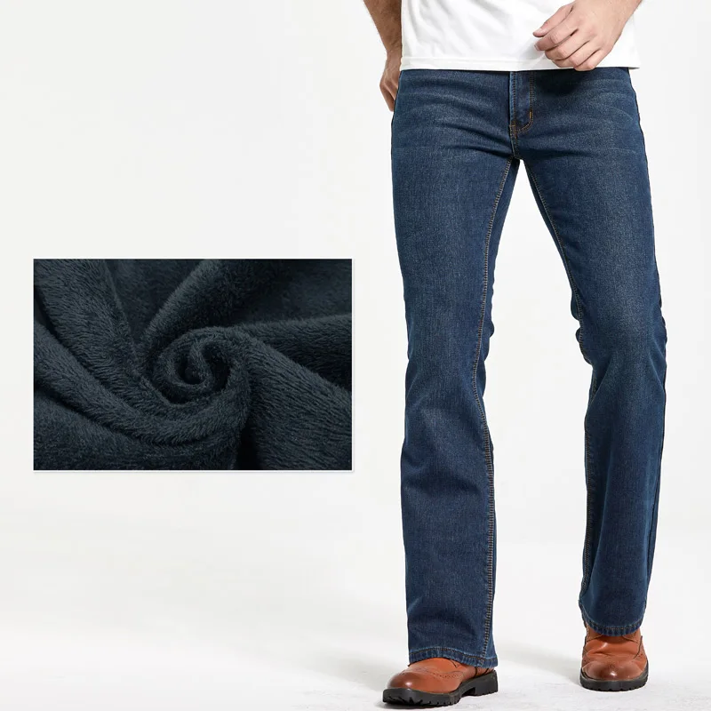 Pantalones vaqueros elásticos de invierno para hombre, pantalones gruesos y cálidos, pantalones ajustados ligeramente acampanados, pantalones vaqueros de lana Polar con corte de bota