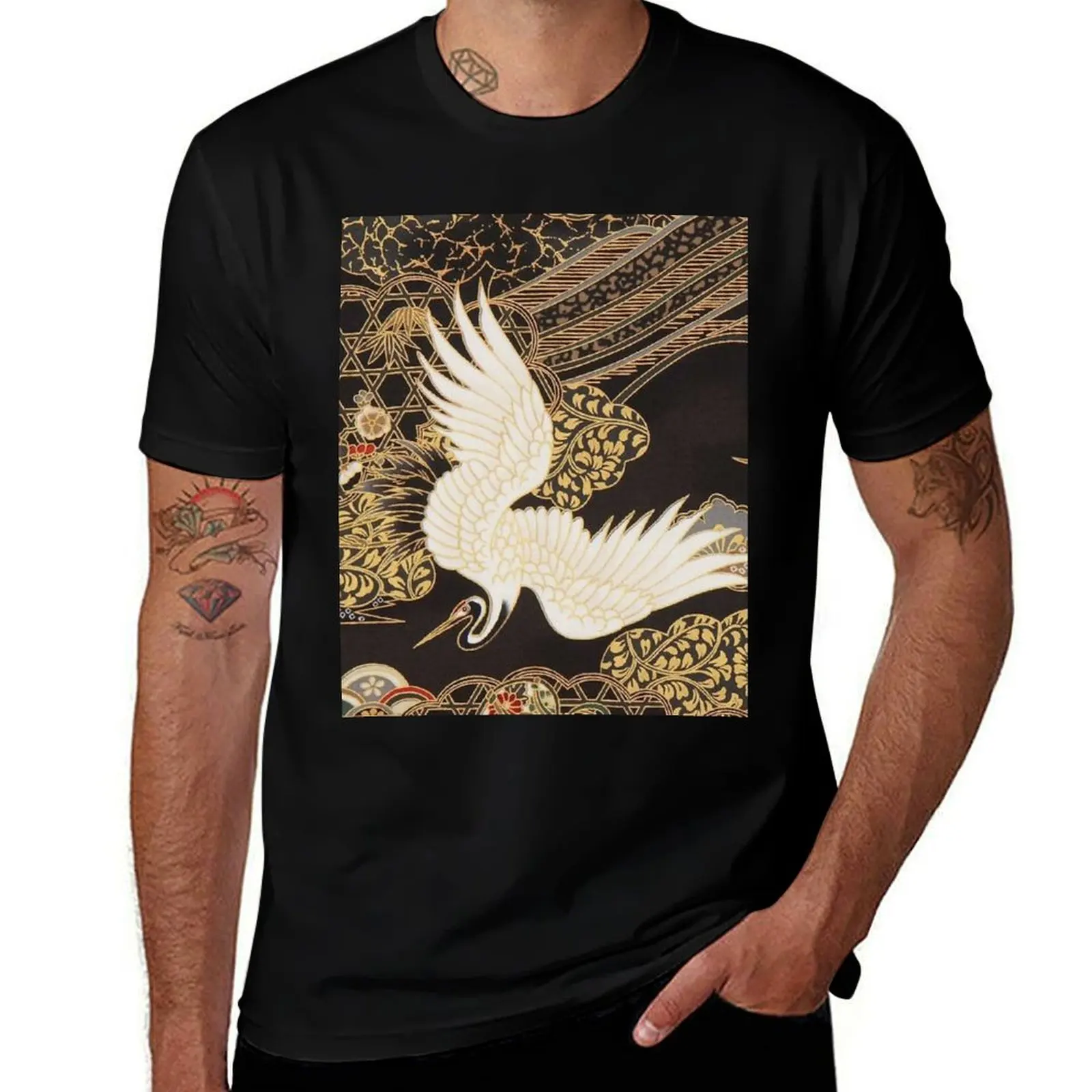 

VintageJapanese Cranes Gold and Black T-Shirt anime tshirt anime t shirts for man t shirt man designer T-shirt