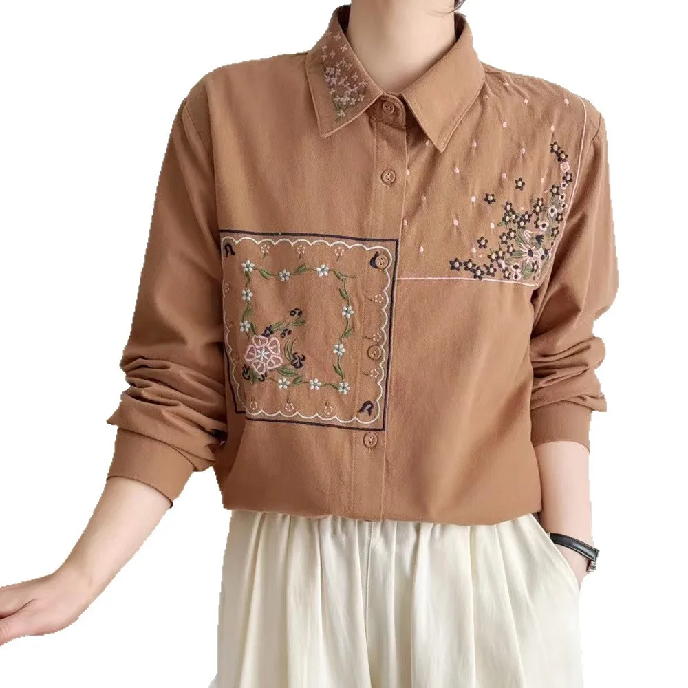 [즉시 배송] 고품질 여성용 100% 면사 블라우스 셔츠 봄 신상 자수 꽃무늬 다용도 긴팔 탑