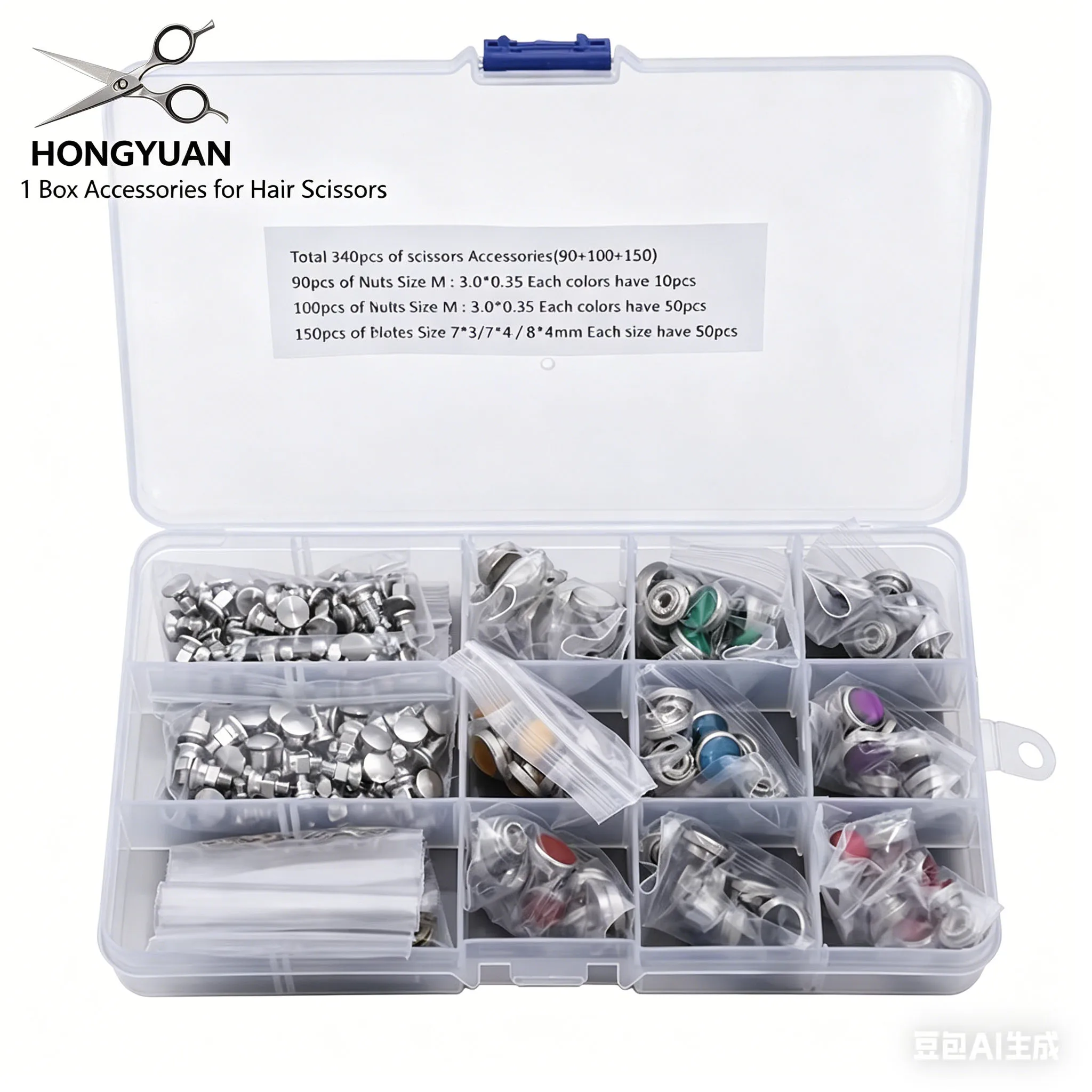 

340Pcs/Box Hair Scissors Repair Kit Screws Nuts Bolts Metal Washers Plates Multi-Size Salon Barber Shears Repair Accessories
