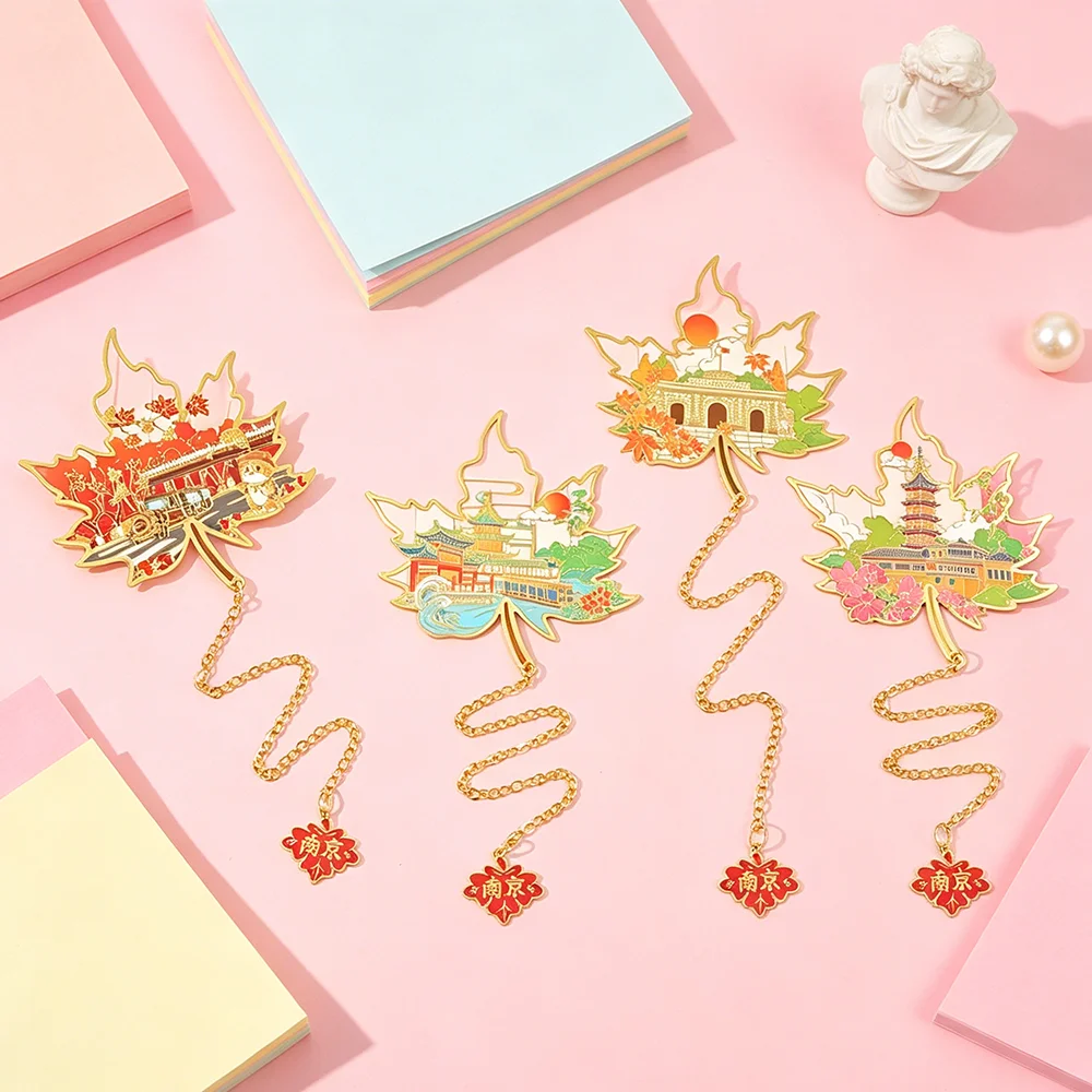 Maple Leaf Metal Bookmark with Chain Vintage Chinese Style Enamel Bookmarks Stainless Steel Aesthetic Book Lover Gifts Women