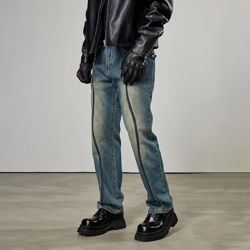 2023 New Retro Men'S Jeans Fashionable Distressed Patchwork Loose Straight Leg High Street Versatile Washed Jeans For Men