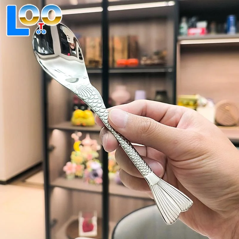 2 個ステンレス鋼クリエイティブフィッシュテールダイニングスプーンフォーク食べるスプーン顔子供フォークデザートフルーツフォーク食器セット