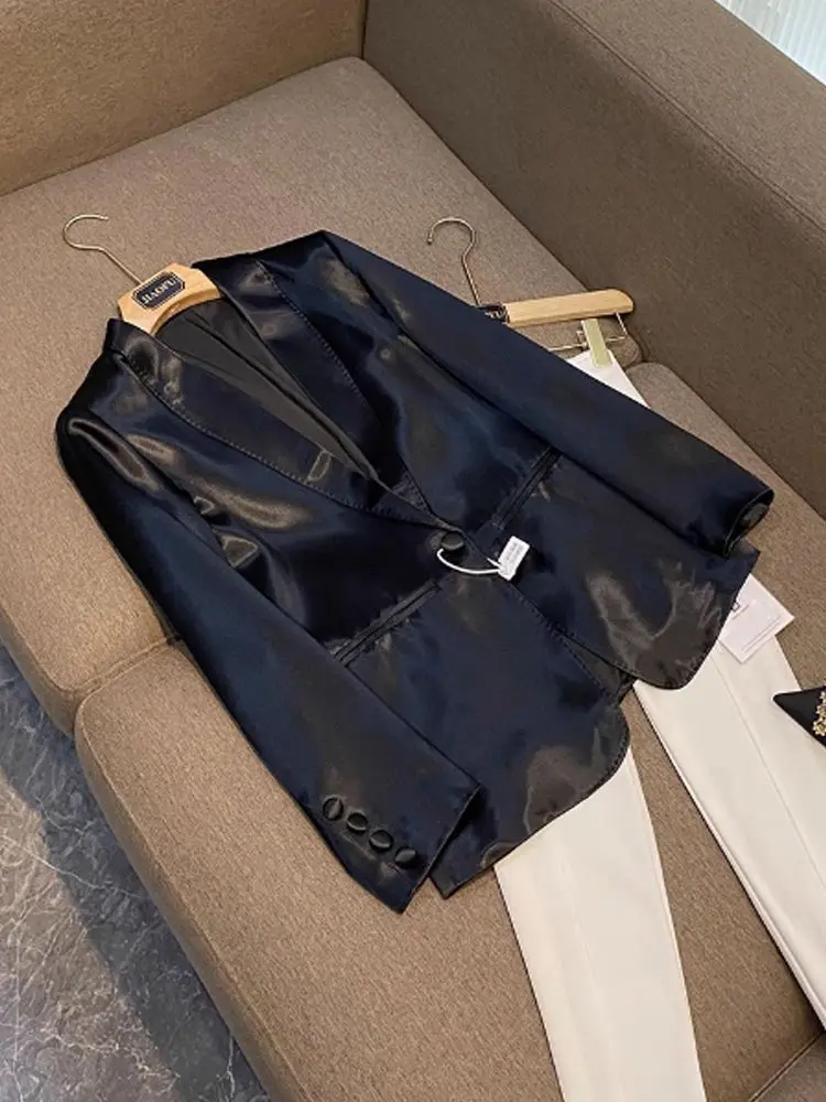 

2025 Autumn Casual Black Blazers Coat Women Satin All-match Tops Japan Korean Style Fashion New Single Button Jackets
