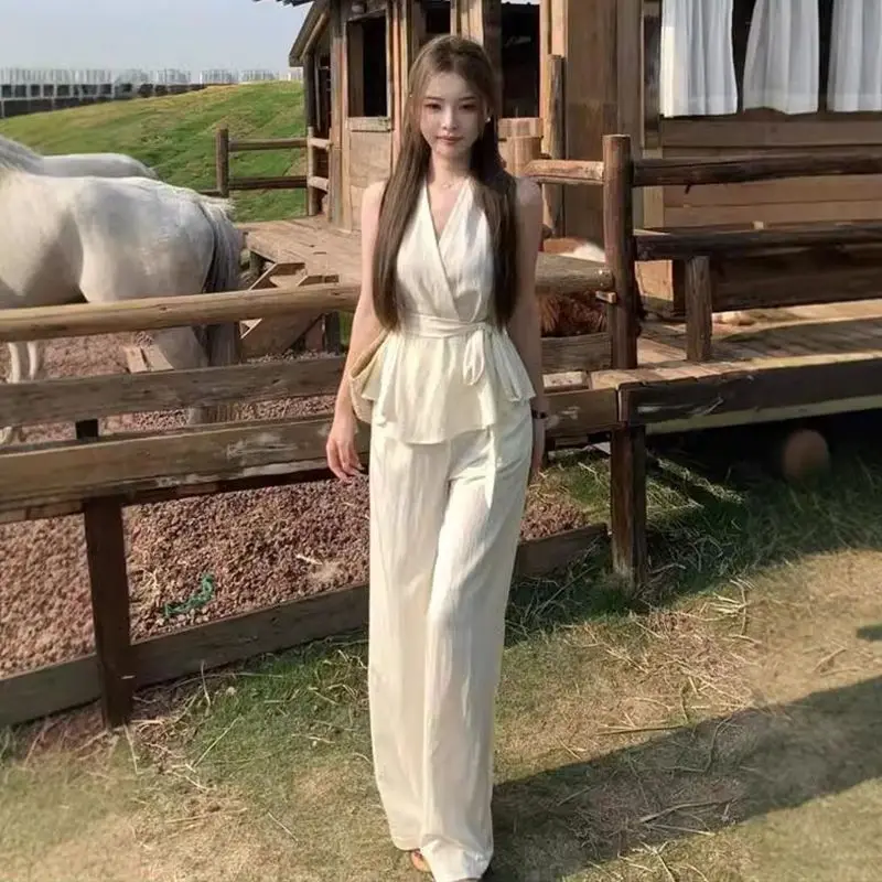 Irregular V-neck Cross Halter Vest Wide-leg Trousers for Women Summer New Suit J16